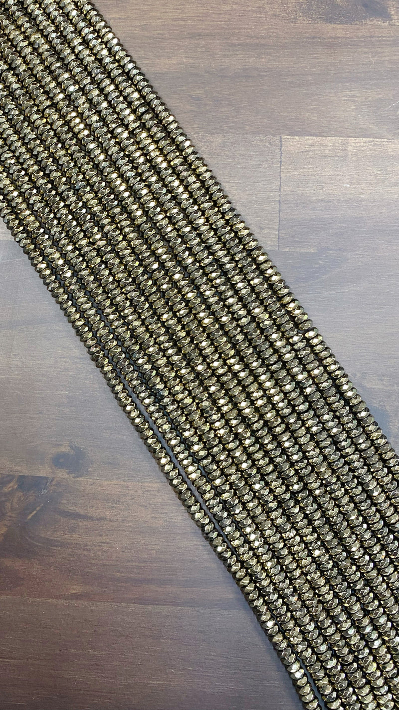 High Quality Natural Pyrite color Hematite Beads, Rondelle Faceted Beads, 3x6mm Pyrite Beads, 15inch FULL strand