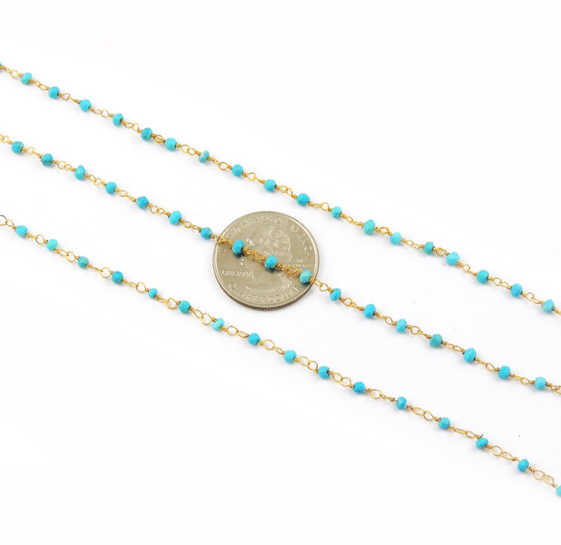 Gold Plated Turquoise wire wrapped chain, 3mm-3.50mm beaded chain